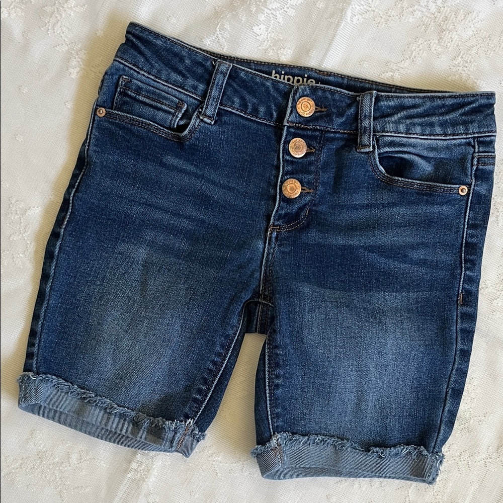 Hippie Girl Dark Indigo Rolled Hem Denim Shorts Snap Front